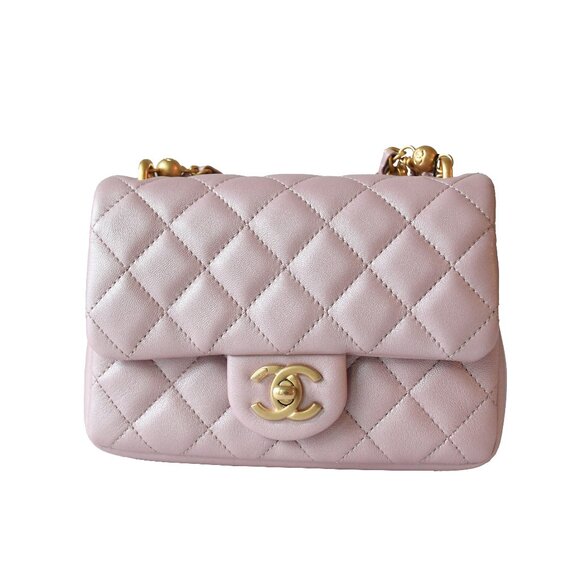 Chanel Shiny Lambskin Quilted Pearl Twist Square Flap Bag Gold Hardware Light Pi - Picture 1 of 6